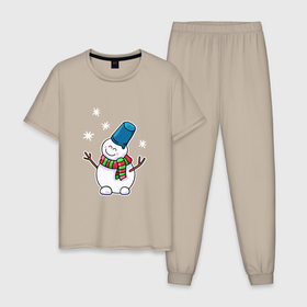 Мужская пижама хлопок с принтом Улыбающийся милый снеговик в Тюмени, 100% хлопок | брюки и футболка прямого кроя, без карманов, на брюках мягкая резинка на поясе и по низу штанин
 | 