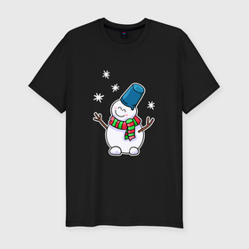Мужская футболка хлопок Slim с принтом Улыбающийся милый снеговик в Тюмени, 92% хлопок, 8% лайкра | приталенный силуэт, круглый вырез ворота, длина до линии бедра, короткий рукав | Тематика изображения на принте: 
