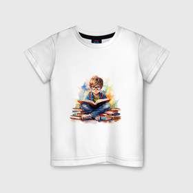 Детская футболка хлопок с принтом Мальчик на стопке книг в Тюмени, 100% хлопок | круглый вырез горловины, полуприлегающий силуэт, длина до линии бедер | 