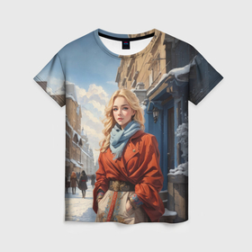 Женская футболка 3D с принтом Девушка на зимней прогулке , 100% полиэфир ( синтетическое хлопкоподобное полотно) | прямой крой, круглый вырез горловины, длина до линии бедер | 