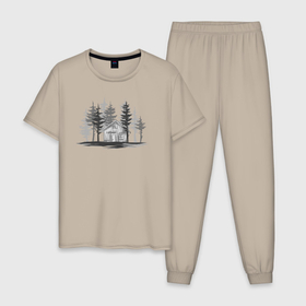 Мужская пижама хлопок с принтом House in the forest в Тюмени, 100% хлопок | брюки и футболка прямого кроя, без карманов, на брюках мягкая резинка на поясе и по низу штанин
 | 