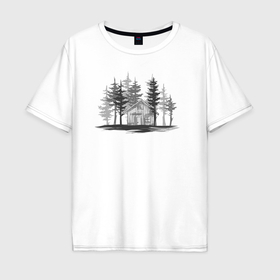Мужская футболка хлопок Oversize с принтом House in the forest в Кировске, 100% хлопок | свободный крой, круглый ворот, “спинка” длиннее передней части | Тематика изображения на принте: 