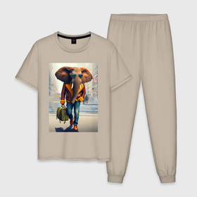 Мужская пижама хлопок с принтом Слон модник с сумкой   нейросеть , 100% хлопок | брюки и футболка прямого кроя, без карманов, на брюках мягкая резинка на поясе и по низу штанин
 | 