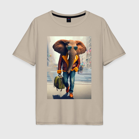 Мужская футболка хлопок Oversize с принтом Слон модник с сумкой   нейросеть в Санкт-Петербурге, 100% хлопок | свободный крой, круглый ворот, “спинка” длиннее передней части | 