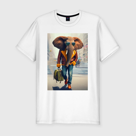 Мужская футболка хлопок Slim с принтом Слон модник с сумкой   нейросеть в Санкт-Петербурге, 92% хлопок, 8% лайкра | приталенный силуэт, круглый вырез ворота, длина до линии бедра, короткий рукав | 