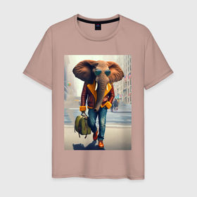 Мужская футболка хлопок с принтом Слон модник с сумкой   нейросеть в Санкт-Петербурге, 100% хлопок | прямой крой, круглый вырез горловины, длина до линии бедер, слегка спущенное плечо. | 