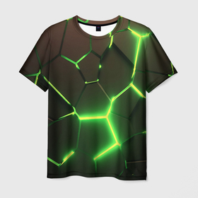 Мужская футболка 3D с принтом Зелёные плиты разломы атомные в Екатеринбурге, 100% полиэфир | прямой крой, круглый вырез горловины, длина до линии бедер | 