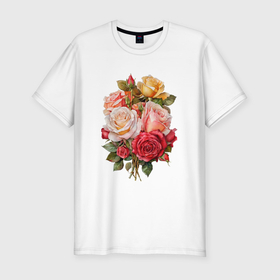 Мужская футболка хлопок Slim с принтом Букет из цветов роз в Тюмени, 92% хлопок, 8% лайкра | приталенный силуэт, круглый вырез ворота, длина до линии бедра, короткий рукав | Тематика изображения на принте: 