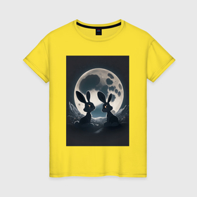 Женская футболка хлопок с принтом Влюбленные кролики на фоне луны в Екатеринбурге, 100% хлопок | прямой крой, круглый вырез горловины, длина до линии бедер, слегка спущенное плечо | 