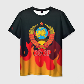 Мужская футболка 3D с принтом СССР Герб огненный стиль в Новосибирске, 100% полиэфир | прямой крой, круглый вырез горловины, длина до линии бедер | Тематика изображения на принте: 