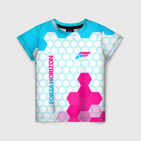 Детская футболка 3D с принтом Forza Horizon neon gradient style вертикально в Петрозаводске, 100% гипоаллергенный полиэфир | прямой крой, круглый вырез горловины, длина до линии бедер, чуть спущенное плечо, ткань немного тянется | 