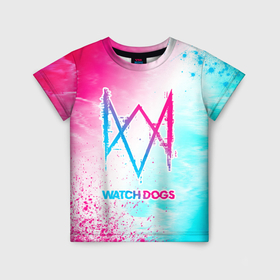 Детская футболка 3D с принтом Watch Dogs neon gradient style в Санкт-Петербурге, 100% гипоаллергенный полиэфир | прямой крой, круглый вырез горловины, длина до линии бедер, чуть спущенное плечо, ткань немного тянется | Тематика изображения на принте: 