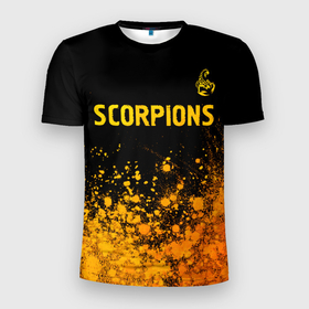 Мужская футболка 3D Slim с принтом Scorpions   gold gradient посередине в Белгороде, 100% полиэстер с улучшенными характеристиками | приталенный силуэт, круглая горловина, широкие плечи, сужается к линии бедра | Тематика изображения на принте: 