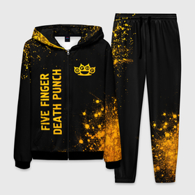 Мужской костюм 3D с принтом Five Finger Death Punch   gold gradient вертикально в Белгороде, 100% полиэстер | Манжеты и пояс оформлены тканевой резинкой, двухслойный капюшон со шнурком для регулировки, карманы спереди | Тематика изображения на принте: 
