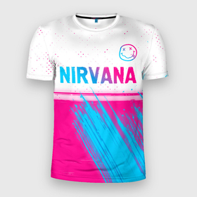 Мужская футболка 3D Slim с принтом Nirvana neon gradient style посередине в Тюмени, 100% полиэстер с улучшенными характеристиками | приталенный силуэт, круглая горловина, широкие плечи, сужается к линии бедра | Тематика изображения на принте: 
