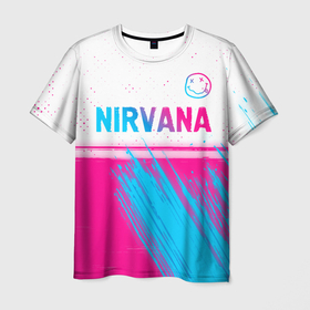 Мужская футболка 3D с принтом Nirvana neon gradient style посередине в Курске, 100% полиэфир | прямой крой, круглый вырез горловины, длина до линии бедер | 