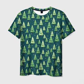 Мужская футболка 3D с принтом Елки   паттерн на темно зеленом , 100% полиэфир | прямой крой, круглый вырез горловины, длина до линии бедер | 