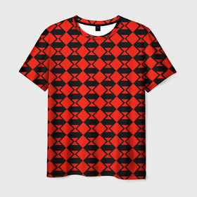 Мужская футболка 3D с принтом Красные квадраты на чёрном фоне в Екатеринбурге, 100% полиэфир | прямой крой, круглый вырез горловины, длина до линии бедер | 
