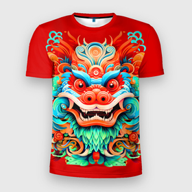 Мужская футболка 3D Slim с принтом Праздничный китайский дракон в Кировске, 100% полиэстер с улучшенными характеристиками | приталенный силуэт, круглая горловина, широкие плечи, сужается к линии бедра | Тематика изображения на принте: 
