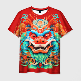 Мужская футболка 3D с принтом Праздничный китайский дракон в Белгороде, 100% полиэфир | прямой крой, круглый вырез горловины, длина до линии бедер | 