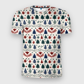 Мужская футболка 3D Slim с принтом Новогодние елочки   вязанная текстура свитера паттерн в Екатеринбурге, 100% полиэстер с улучшенными характеристиками | приталенный силуэт, круглая горловина, широкие плечи, сужается к линии бедра | Тематика изображения на принте: 