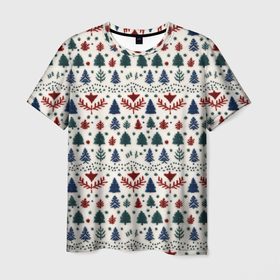 Мужская футболка 3D с принтом Новогодние елочки   вязанная текстура свитера паттерн в Тюмени, 100% полиэфир | прямой крой, круглый вырез горловины, длина до линии бедер | 