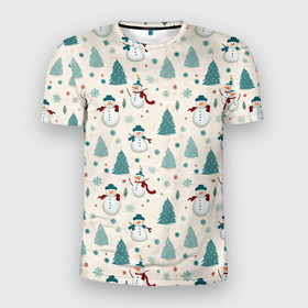 Мужская футболка 3D Slim с принтом Снеговики и елочки от нейросети   новогодний паттерн в Санкт-Петербурге, 100% полиэстер с улучшенными характеристиками | приталенный силуэт, круглая горловина, широкие плечи, сужается к линии бедра | 