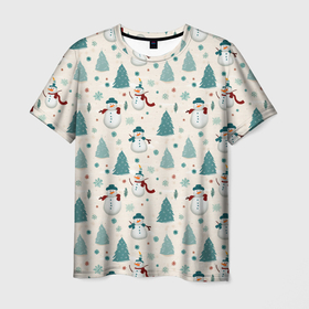 Мужская футболка 3D с принтом Снеговики и елочки от нейросети   новогодний паттерн , 100% полиэфир | прямой крой, круглый вырез горловины, длина до линии бедер | 