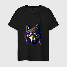 Мужская футболка хлопок с принтом Пурпурный волк в Петрозаводске, 100% хлопок | прямой крой, круглый вырез горловины, длина до линии бедер, слегка спущенное плечо. | 