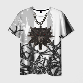 Мужская футболка 3D с принтом Ведьмак медальён на цепи в Тюмени, 100% полиэфир | прямой крой, круглый вырез горловины, длина до линии бедер | Тематика изображения на принте: 