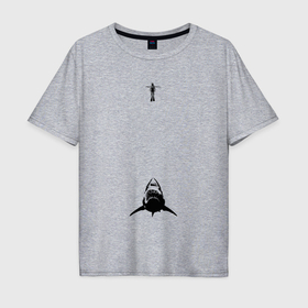 Мужская футболка хлопок Oversize с принтом Водолаз и акула в Тюмени, 100% хлопок | свободный крой, круглый ворот, “спинка” длиннее передней части | 