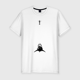 Мужская футболка хлопок Slim с принтом Водолаз и акула в Белгороде, 92% хлопок, 8% лайкра | приталенный силуэт, круглый вырез ворота, длина до линии бедра, короткий рукав | 