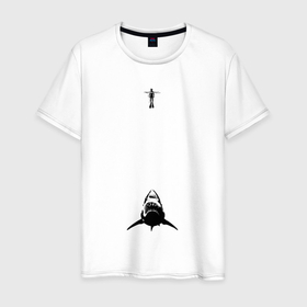 Мужская футболка хлопок с принтом Водолаз и акула в Курске, 100% хлопок | прямой крой, круглый вырез горловины, длина до линии бедер, слегка спущенное плечо. | 