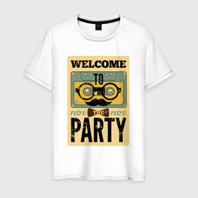 Мужская футболка хлопок с принтом Welcome to the retro party в Курске, 100% хлопок | прямой крой, круглый вырез горловины, длина до линии бедер, слегка спущенное плечо. | 