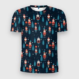 Мужская футболка 3D Slim с принтом Красный щелкунчик и елочки   новогодний паттерн в Екатеринбурге, 100% полиэстер с улучшенными характеристиками | приталенный силуэт, круглая горловина, широкие плечи, сужается к линии бедра | 