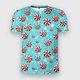 Мужская футболка 3D Slim с принтом Круглые красно белые леденцы и снежинки   новогодний паттерн в Петрозаводске, 100% полиэстер с улучшенными характеристиками | приталенный силуэт, круглая горловина, широкие плечи, сужается к линии бедра | 