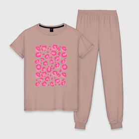 Женская пижама хлопок с принтом Розовый леопардовый узор в Курске, 100% хлопок | брюки и футболка прямого кроя, без карманов, на брюках мягкая резинка на поясе и по низу штанин | Тематика изображения на принте: 