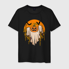 Мужская футболка хлопок с принтом Призрак хэллоуина в Екатеринбурге, 100% хлопок | прямой крой, круглый вырез горловины, длина до линии бедер, слегка спущенное плечо. | 