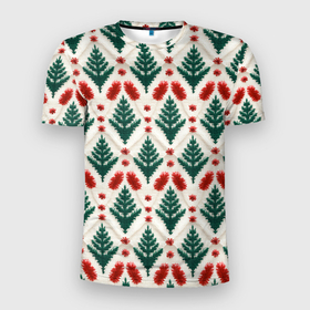 Мужская футболка 3D Slim с принтом Текстура вязаных елочек   новогодний паттерн в Екатеринбурге, 100% полиэстер с улучшенными характеристиками | приталенный силуэт, круглая горловина, широкие плечи, сужается к линии бедра | 