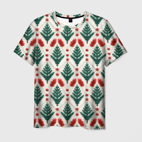 Мужская футболка 3D с принтом Текстура вязаных елочек   новогодний паттерн в Белгороде, 100% полиэфир | прямой крой, круглый вырез горловины, длина до линии бедер | 