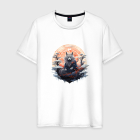 Мужская футболка хлопок с принтом Японский волк в Санкт-Петербурге, 100% хлопок | прямой крой, круглый вырез горловины, длина до линии бедер, слегка спущенное плечо. | Тематика изображения на принте: 