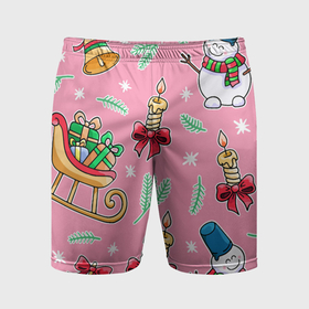 Мужские шорты спортивные с принтом Праздничный новогодний узор со снеговиком ,  |  | Тематика изображения на принте: 