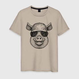 Мужская футболка хлопок с принтом Свинка в очках и кепке в Тюмени, 100% хлопок | прямой крой, круглый вырез горловины, длина до линии бедер, слегка спущенное плечо. | 