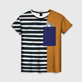 Женская футболка 3D с принтом Оранжевый и бело чёрные полосы  карман с акулой минимализм в Курске, 100% полиэфир ( синтетическое хлопкоподобное полотно) | прямой крой, круглый вырез горловины, длина до линии бедер | 