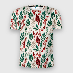 Мужская футболка 3D Slim с принтом Текстура вязаного свитера   новогодние веточки в Тюмени, 100% полиэстер с улучшенными характеристиками | приталенный силуэт, круглая горловина, широкие плечи, сужается к линии бедра | 