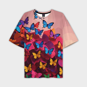 Мужская футболка oversize 3D с принтом Разноцветные бабочки   розовые цветы в Петрозаводске,  |  | Тематика изображения на принте: 