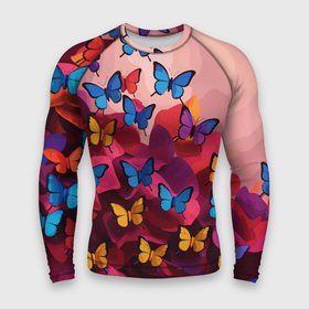 Мужской рашгард 3D с принтом Разноцветные бабочки   розовые цветы в Петрозаводске,  |  | Тематика изображения на принте: 