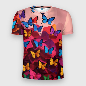 Мужская футболка 3D Slim с принтом Разноцветные бабочки   розовые цветы в Петрозаводске, 100% полиэстер с улучшенными характеристиками | приталенный силуэт, круглая горловина, широкие плечи, сужается к линии бедра | Тематика изображения на принте: 