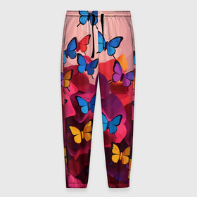 Мужские брюки 3D с принтом Разноцветные бабочки   розовые цветы в Тюмени, 100% полиэстер | манжеты по низу, эластичный пояс регулируется шнурком, по бокам два кармана без застежек, внутренняя часть кармана из мелкой сетки | 