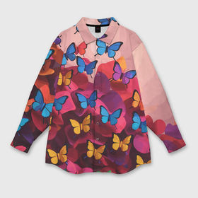 Мужская рубашка oversize 3D с принтом Разноцветные бабочки   розовые цветы в Петрозаводске,  |  | Тематика изображения на принте: 